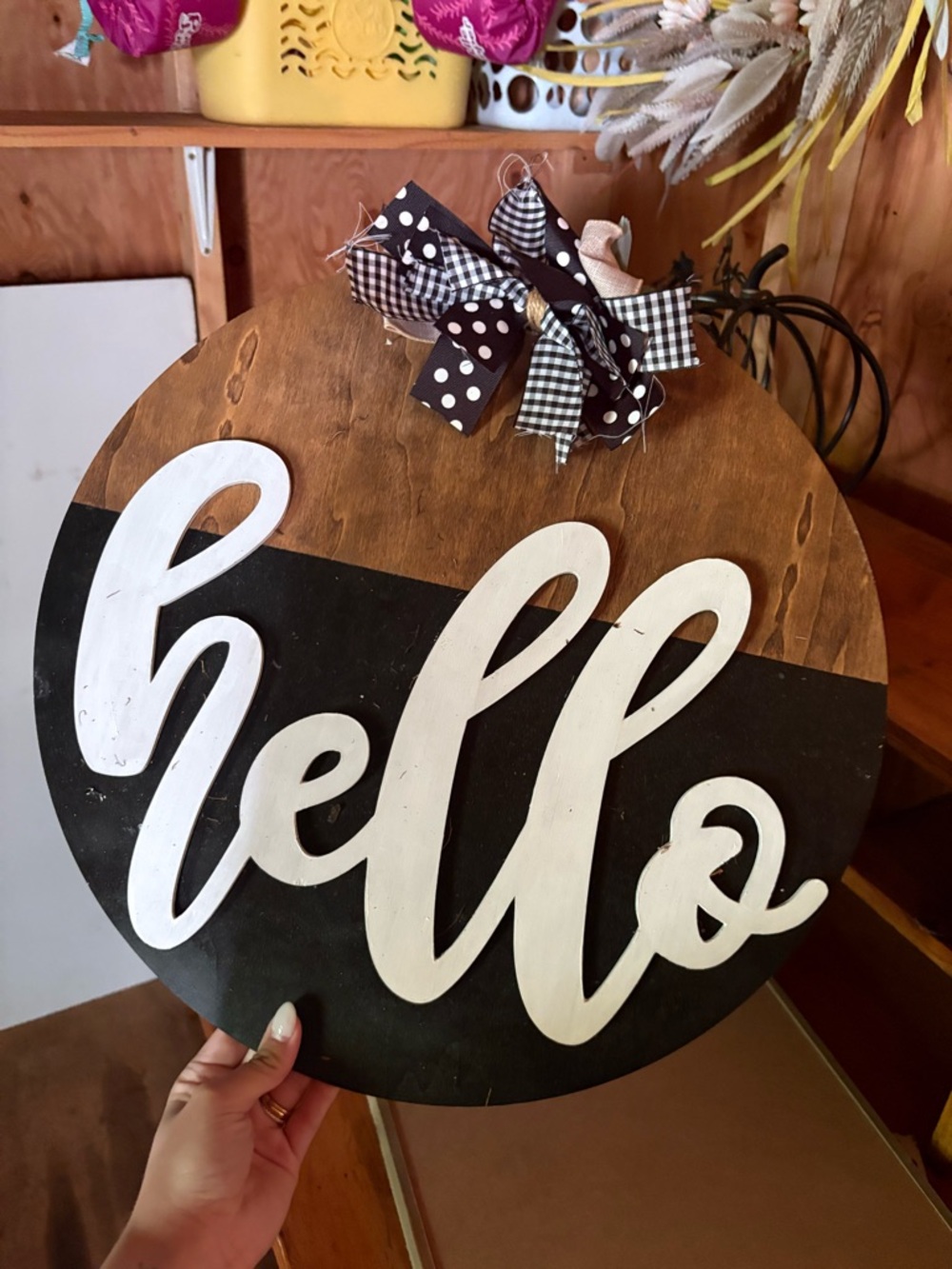 Hello Round Wooden Wall Sign - Black and White